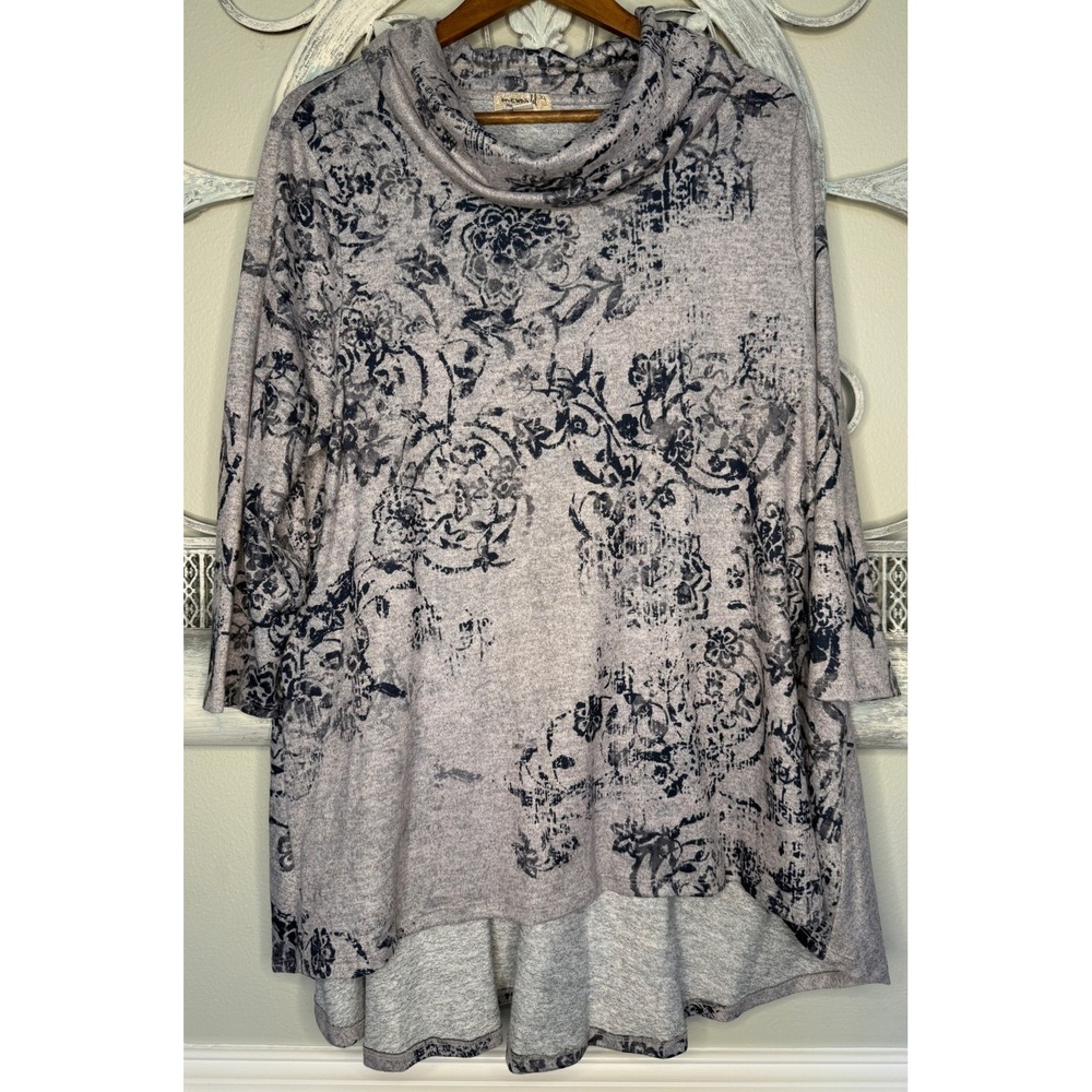 One World Women XL Grey Blue Floral Cowl Neck High‎ Low Tunic Top 3/4 Sleeve EUC